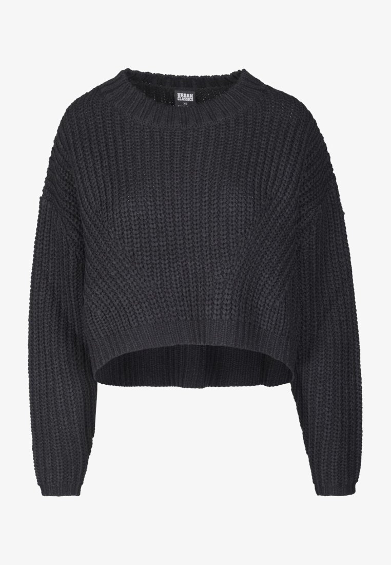 Schwarzer gestrickter Pullover mit cropped Design, Rundhalsausschnitt und weiten Ärmeln. Strukturiert Stoff mit geripptem Saum und Bündchen.