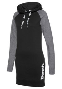Vestito lungo con cappuccio nero con maniche raglan grigie, coulisse frontali del cappuccio con marchio "Bench" e logo bianco "Bench." sul lato inferiore.