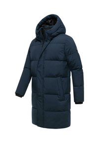 Navy puffer coat with a hood, featuring a quilted design, front zipper, and elastic cuffs. Materials appear soft and insulated for warmth.