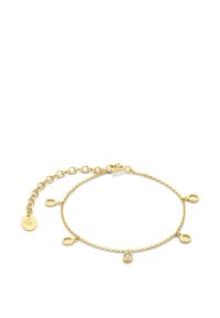 Gouden armband met een kettinglinkontwerp, drie ronde accenten, waarvan er één een heldere steen heeft, en een veilige sluiting aan het uiteinde.