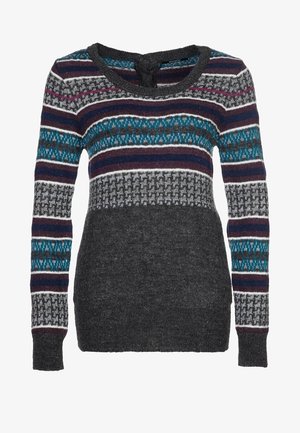 Gestrickter Pullover in Grau mit mehrfarbigen horizontalen Streifen und geometrischen Mustern. Rundhalsausschnitt und lange Ärmel.