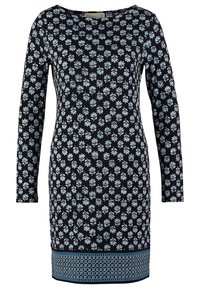 Robe noire à manches longues avec un petit motif floral bleu clair et une bordure géométrique décorative à l'ourlet.