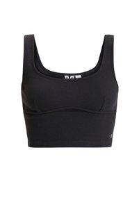 Čierny rebrovaný cropped top so štvorcovým výstrihom, hrubými popruhmi a detailmi švov; na strane sa nachádza malé logo.