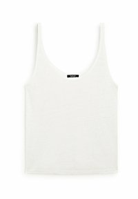 White tank top made of soft cotton, featuring a scoop neckline and thin straps. Simple, unadorned design with a straight hem.
