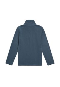 Mörkblå fleecepullover med hög krage, långa ärmar och en slät yta. Enkelt mönster, minimala sömmar, inga synliga hårdvaror eller detaljer.
