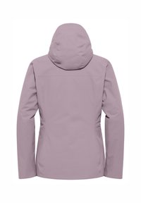 Giacca impermeabile di un morbido colore viola chiaro con cappuccio, dotata di maniche lunghe e design a schiena piatta. Texture liscia, senza motivi o accenti visibili.