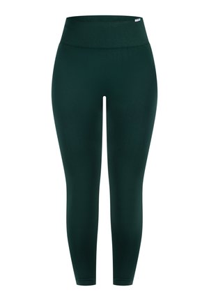 Donkergroene leggings met een hoge, elastische tailleband. Gladde, rekbare stof met een aansluitend ontwerp, zonder zichtbare logo's of patronen.