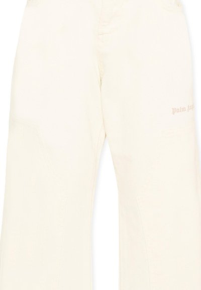 Pantalon ample couleur blanc cassé avec une taille haute et un discret logo texte "Palm Angels" sur la cuisse droite.