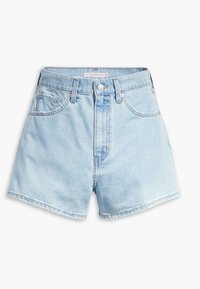 High-waisted denim shorts in light blue with a frayed hem, five-pocket design, and a front button closure. Made from textured cotton denim.