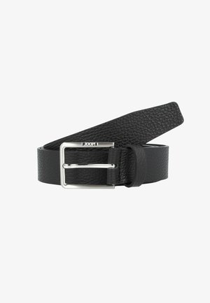 Schwarzer Leder-Gürtel mit strukturiertem Oberflächen. Verfügt über eine silberne Metallschnalle in rechteckiger Form und einer funktionalen Zunge.