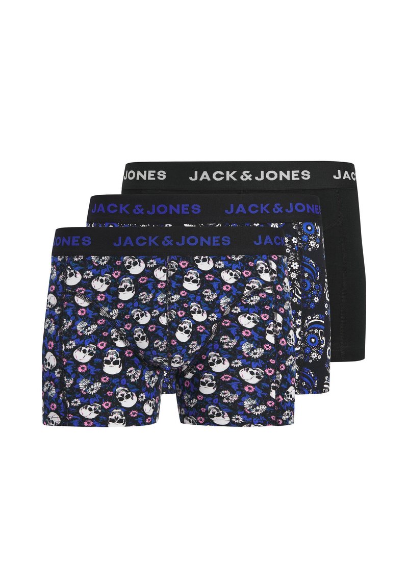 Τρία ζευγάρια σλιπ μποξέρ με ελαστικές ζώνες μέσης. Ένα έχει σχέδιο με ανθισμένα κρανία, ένα άλλο με πεϊσλεϊ μοτίβο, και το τελευταίο είναι μονόχρωμο μαύρο.