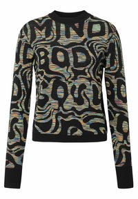 Pull en maille noir avec un motif de texte abstrait coloré. Il présente un col rond et des manches longues avec des poignets et un ourlet côtelés.