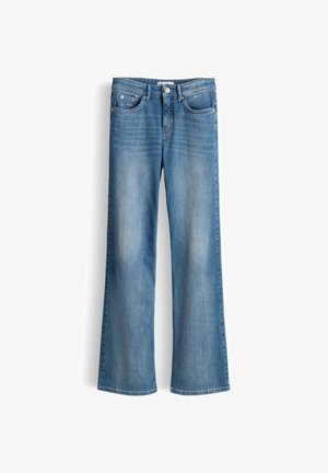 Lichtblauwe denim jeans met een wijd beenontwerp, vijf zakken en een knoopsluiting. Glad textuur met een licht vervaagde afwerking.