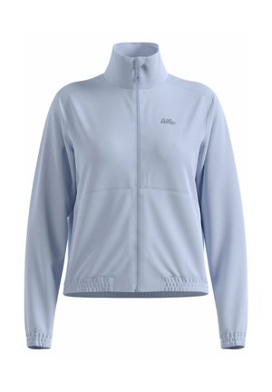 Helles blaues, mit Reißverschluss versehenes Jacket aus weichem, atmungsaktivem Material. Verfügt über einen hohen Kragen, elastische Bündchen und zwei Seitentaschen. Logo auf der Brust.