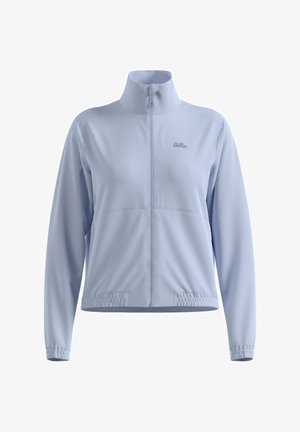Helles blaues, mit Reißverschluss versehenes Jacket aus weichem, atmungsaktivem Material. Verfügt über einen hohen Kragen, elastische Bündchen und zwei Seitentaschen. Logo auf der Brust.