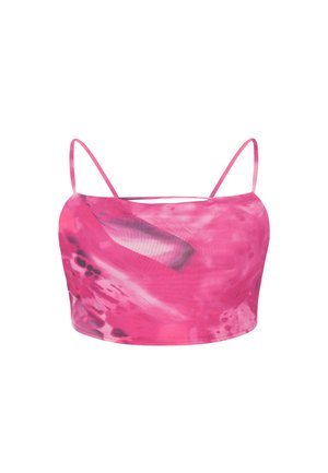 Roze tie-dye cropped top met dunne spaghetti bandjes en een rechte halslijn, afgebeeld tegen een witte achtergrond.