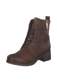 Bottine en cuir marron avec un laçage à l'avant, une fermeture éclair sur le côté, des clous décoratifs, un bout carré et un talon empilé. Surface texturée avec une finition lisse.