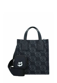 Schwarze Tragetasche mit einem wiederholten weißen Linienmuster stilisierter Gesichter, die Sonnenbrillen tragen. Enthält ein kleines abnehmbares Täschchen mit einem Katzendesign.