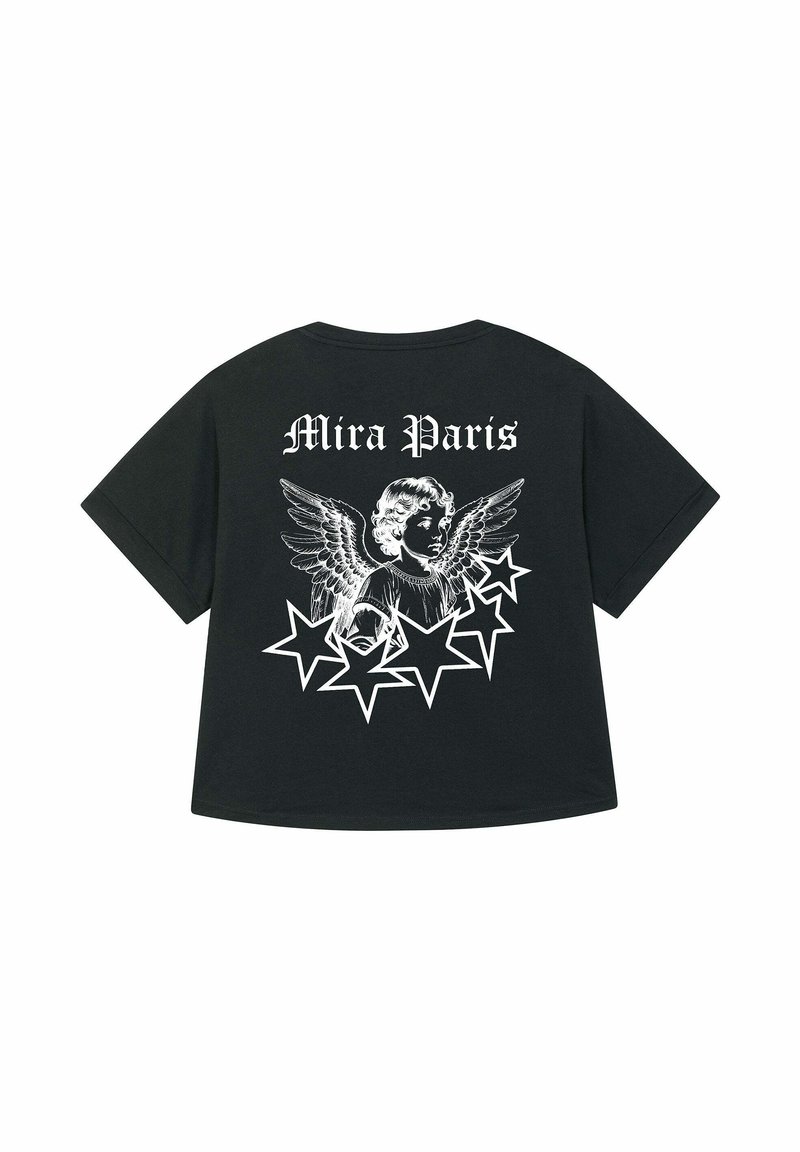 Zwart oversized T-shirt met een witte engelafbeelding met vleugels en sterren, en de tekst "Mira Paris" boven het ontwerp op de achterkant.