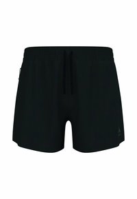 Schwarze Badehose mit einem Kordelzugbund, flach genähten Nähten und einem dezenten Logo-Detail in der unteren rechten Ecke. Glatte Textur.