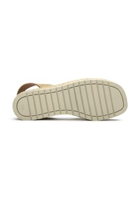 Beige sandal sole with a textured surface; features horizontal grooves and a rounded toe shape; size marked as 38 on the underside.