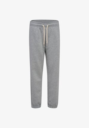 Graue Jogginghosen aus weichem Stoff, mit einem elastischen Bund und Kordelzug sowie eng anliegenden Bündchen an den Knöcheln.