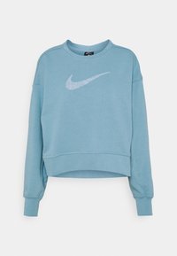 Felpa azzurra corta realizzata in materiale morbido, con logo Nike swoosh bianco in un design testurizzato. Maniche lunghe a raglan con polsini a coste.