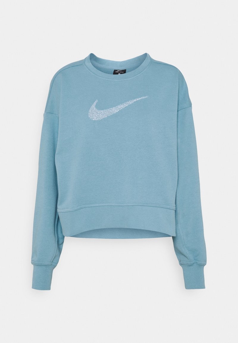 Felpa azzurra corta realizzata in materiale morbido, con logo Nike swoosh bianco in un design testurizzato. Maniche lunghe a raglan con polsini a coste.