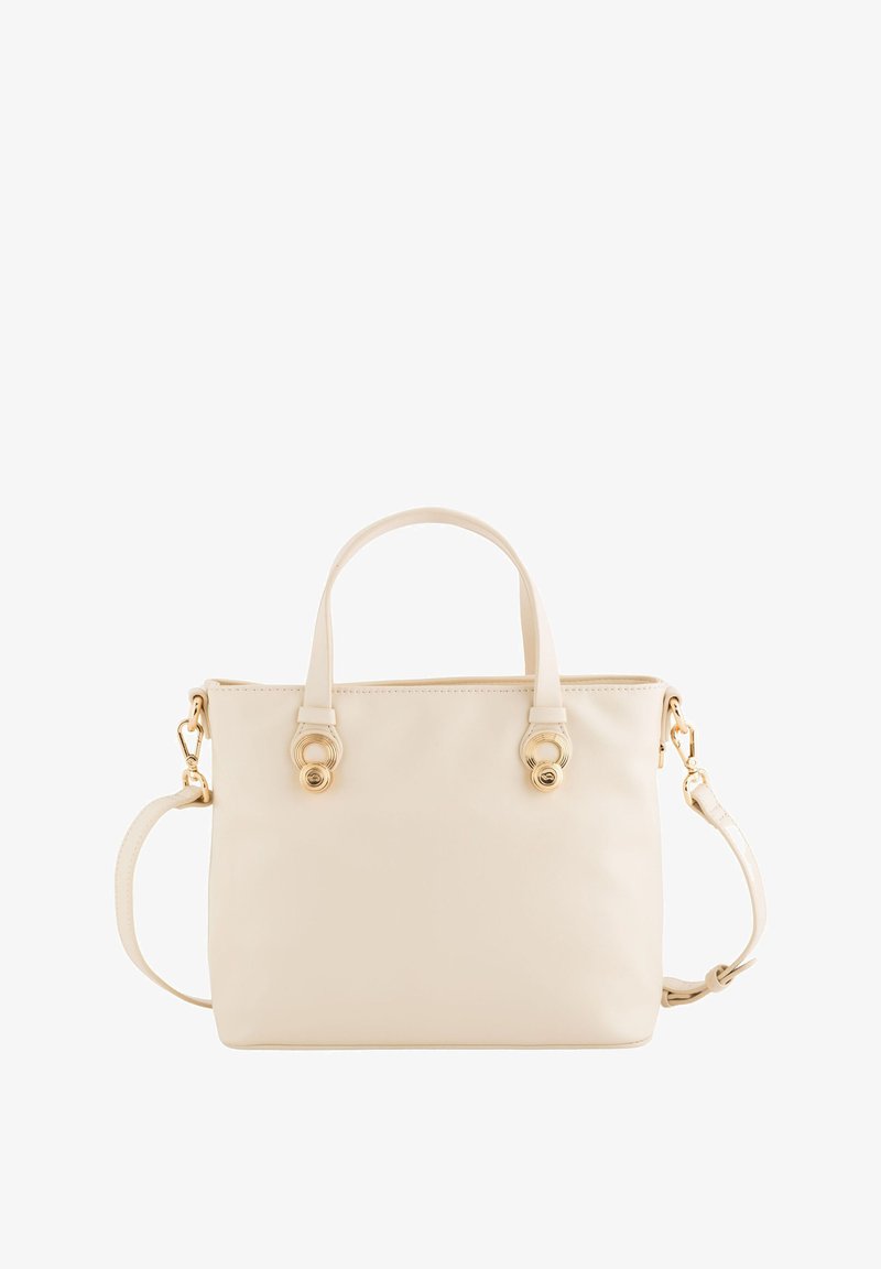 Cream tote bag with two handles, a detachable shoulder strap, gold-tone hardware, smooth texture, and circular accent details on the sides.