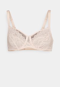 Lace bralette i nude farge med kryssdesign, justerbare stropper og myk tekstur. Har blonderdetaljer og sømløs finish.