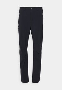 Pantalons noirs à jambe droite en tissu synthétique. Comprennent des poches latérales zippées et une texture lisse et mate.