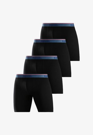 Schwarze Boxershorts im Viererpack. Mit einem blauen Bund mit roten und weißen Streifen und dem "Bench."-Logo. Glatte Stoffstruktur.