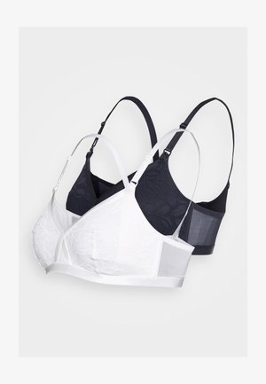 Dois soutiens: um branco com um design em renda e alças de cetim, e um preto com um tecido texturizado. Ambos apresentam alças ajustáveis e copas sem costura.