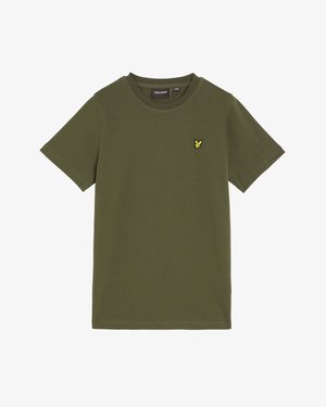 Olive zelené bavlnené tričko s okrúhlym výstrihom, krátkymi rukávmi a žltým výšivkovým logom na hrudi. Hladká textúra, pravidelný strih.