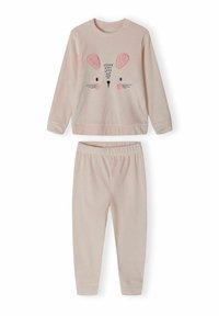 Mjuka rosa pyjamas med långärmad topp som har ett musansikte-design och matchande byxor med elastisk midja. Tyget ser plyschigt och mysigt ut.