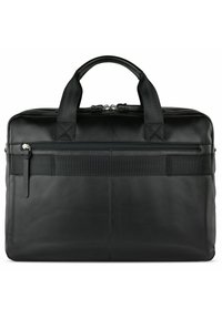 Black leather laptop bag with two top handles, front zip pocket, smooth texture, minimalist design, and contrasting fabric accents.