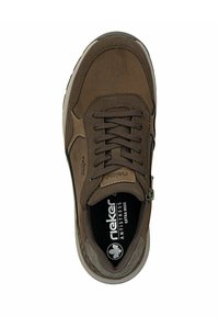 Brown lace-up sneaker featuring a textured fabric upper, padded collar, side zipper, and a logo on the insole. Rubber outsole for traction.