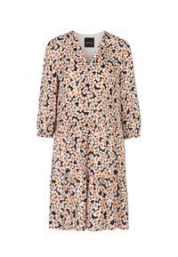 Floral dress with a v-neck, long puff sleeves, dark background, white daisies, and orange accents; tiered skirt detail.