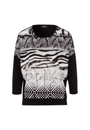 Schwarz-weißer Grafik-Top mit gemischten Mustern, einschließlich Streifen und Polka-Dots, mit einem Rundhalsausschnitt und dreiviertel Ärmeln.