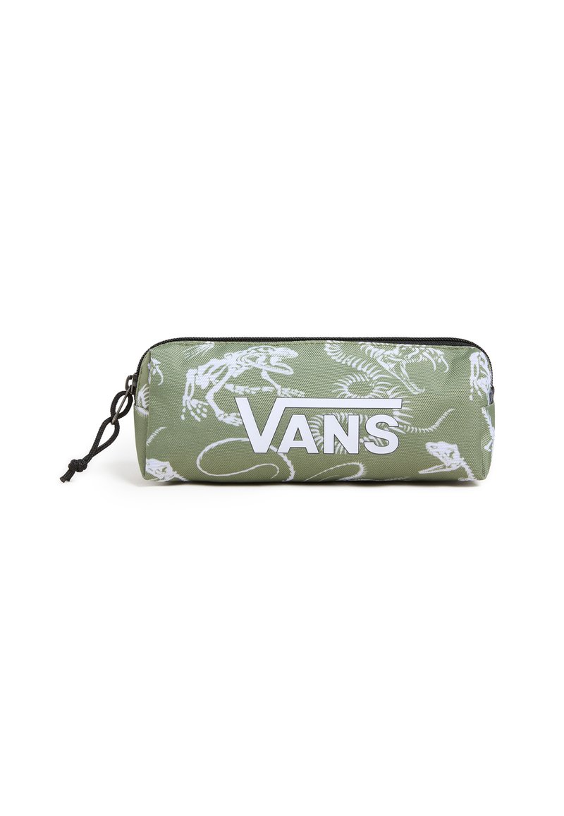 Astuccio verde con motivi di rettili bianchi e logo "VANS", con chiusura a zip e dettagli in corda nera.