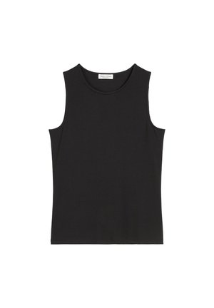 Czarny top bez rękawów wykonany z miękkiego, elastycznego materiału. Posiada okrągły dekolt i dopasowany krój, charakteryzujący się prostym, klasycznym wzornictwem.