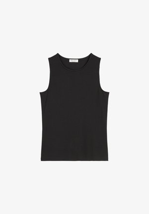 Czarny top bez rękawów wykonany z miękkiego, elastycznego materiału. Posiada okrągły dekolt i dopasowany krój, charakteryzujący się prostym, klasycznym wzornictwem.