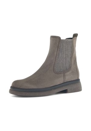 Grijze suède enkelboots met een textuur-elastische zijpaneel en een lage, dikke zool, met een subtiele rubberen rand voor extra ondersteuning.