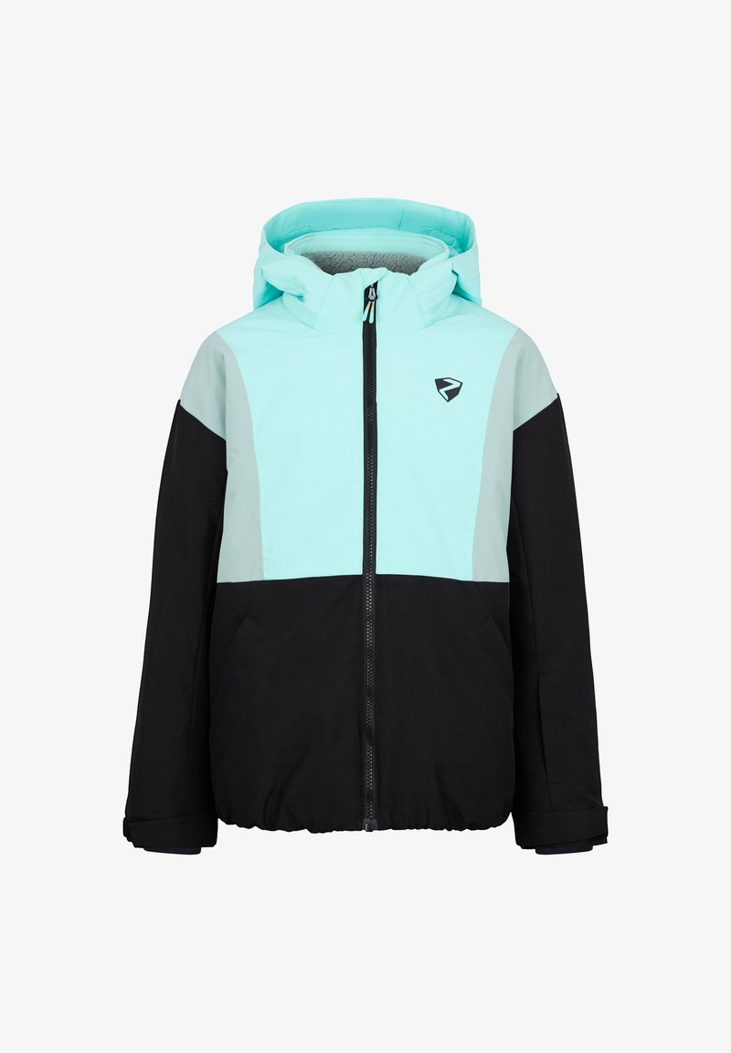 Color-blocked jacket featuring a turquoise upper section with black sleeves and lower body, zip closure, and a spacious hood.