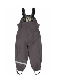 Salopette imperméable grise avec bretelles noires réglables, poignets élastiques et une bande réfléchissante blanche sur les jambes. Texture lisse.