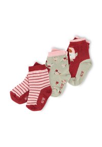 Three pairs of children's socks: one red with pink stripes, one green with floral pattern, and one solid red with pink accents. Cotton blend material.