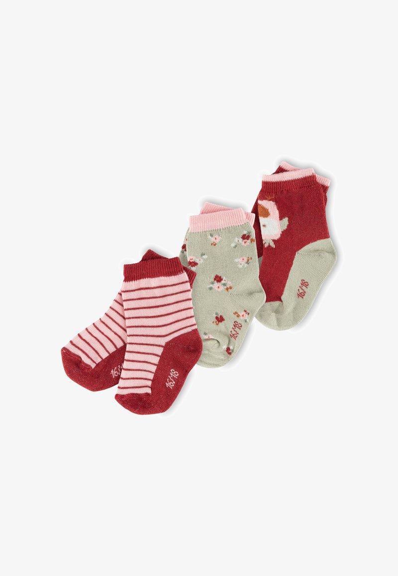 Three pairs of children's socks: one red with pink stripes, one green with floral pattern, and one solid red with pink accents. Cotton blend material.