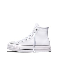 Bijela platnena tenisica visokog gornjeg dijela s bijelim vezicama, metalnim okicama i gumenim potplatom s crnim prugama, prikazana u profilu.