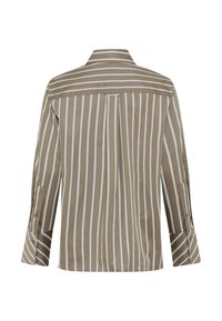 Camicia marrone a righe a maniche lunghe con strisce verticali bianche, colletto classico e polsini con bottoni. Realizzata in tessuto liscio con una vestibilità sartoriale.
