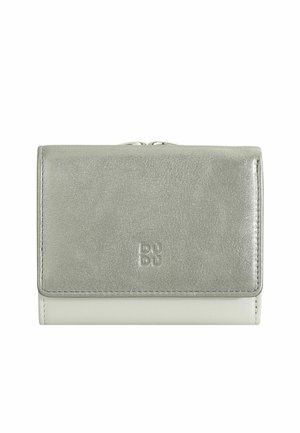 Petit portefeuille en cuir bicolore gris et blanc avec fermeture à rabat et logo « DUDU » discrètement embossé sur le devant.